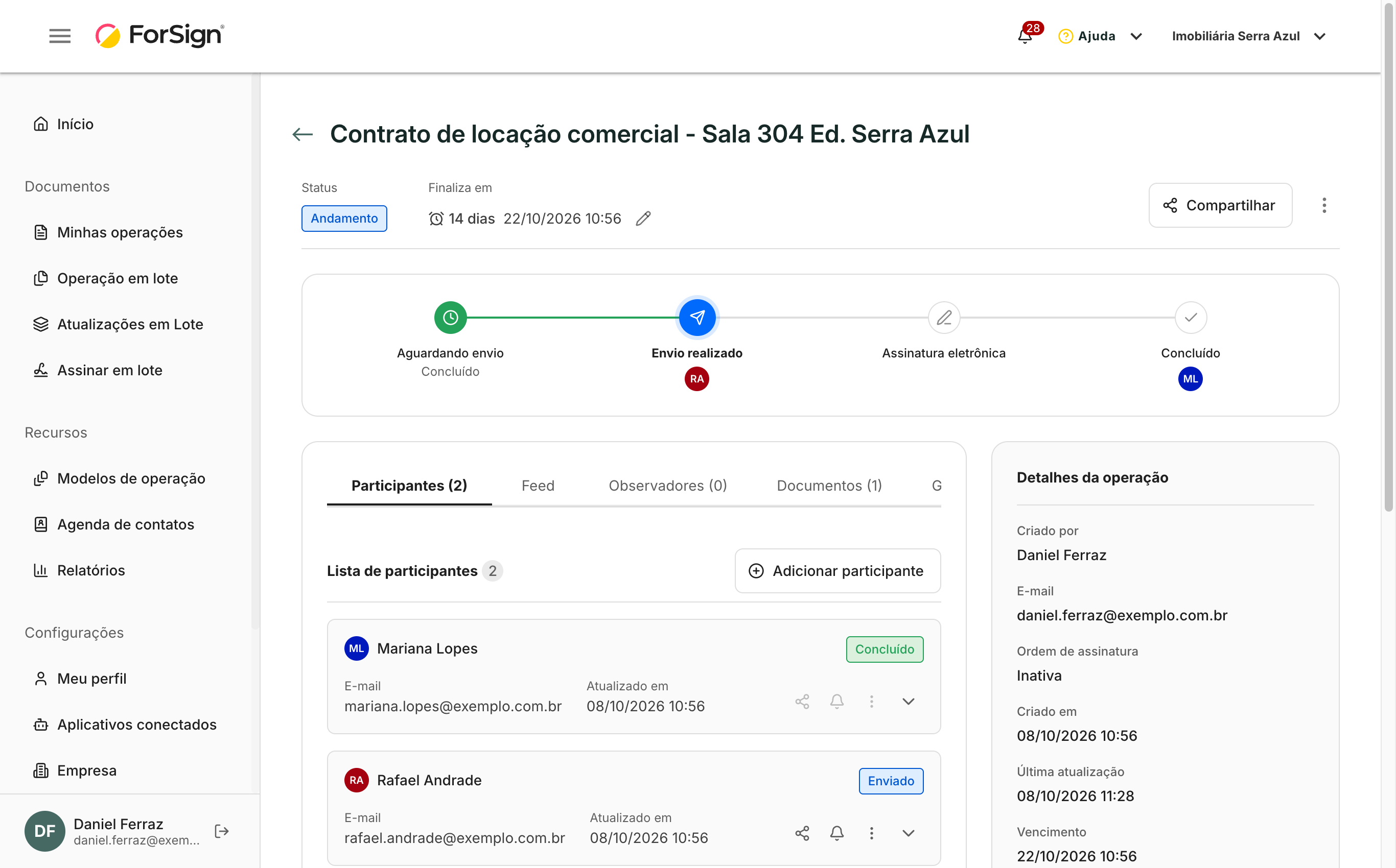 A tela da operação: cabeçalho, linha do tempo, abas e o card Detalhes da operação.