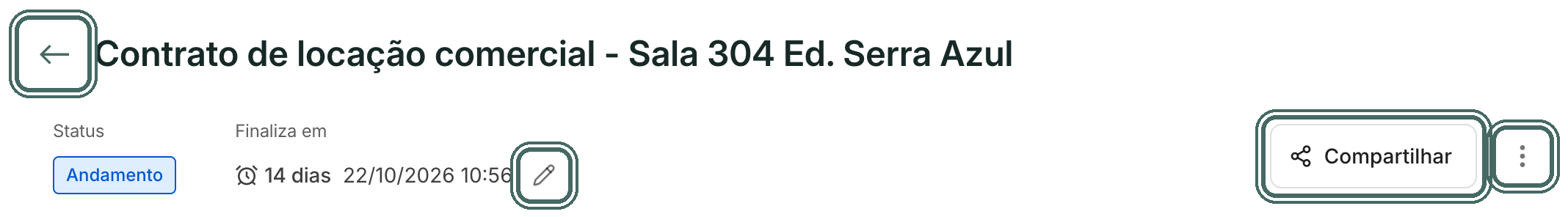 No cabeçalho ficam o status, o prazo com o lápis de edição, Compartilhar e o menu de três pontos.