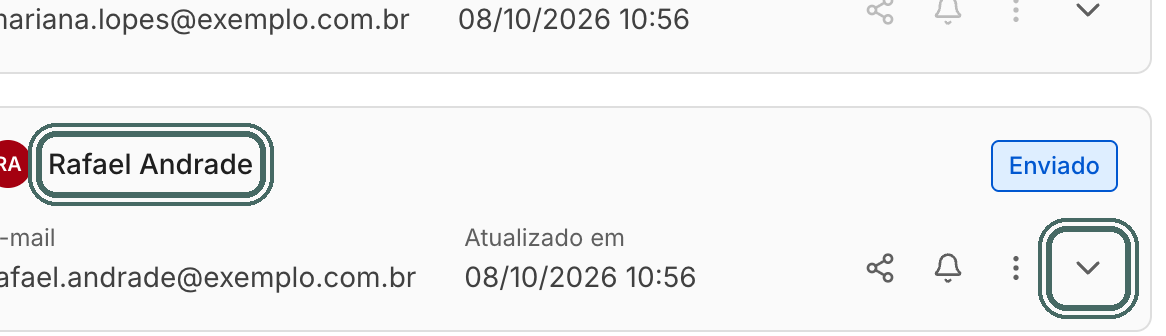 Cada participante tem um card com status, e-mail e os ícones de ação.