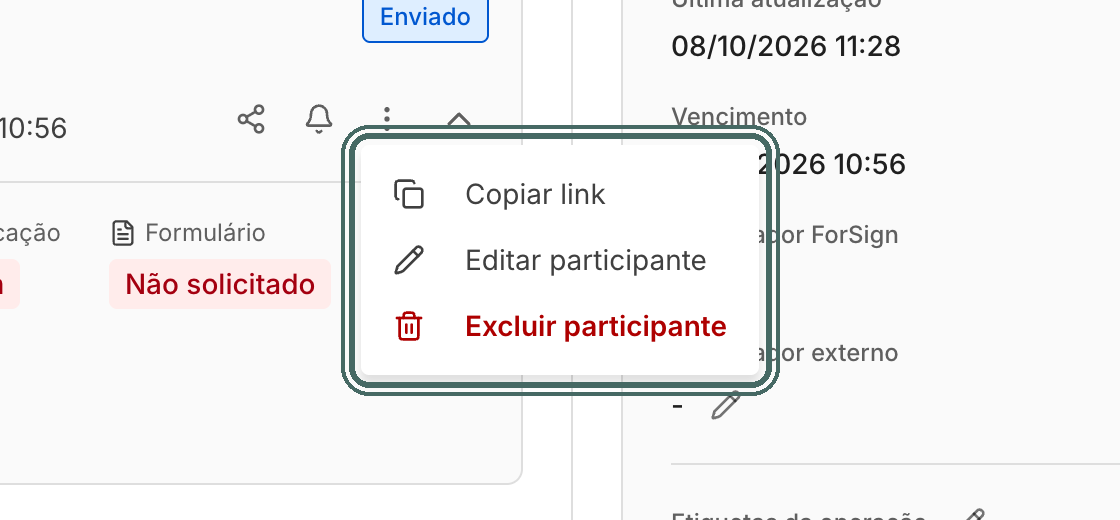 O menu do participante tem Copiar link, Editar participante e Excluir participante.