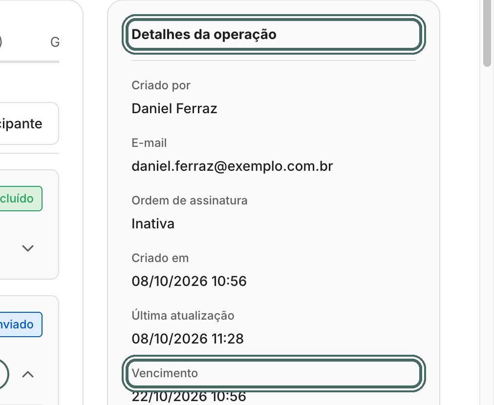 O card Detalhes da operação reúne criador, datas, localizadores e etiquetas.