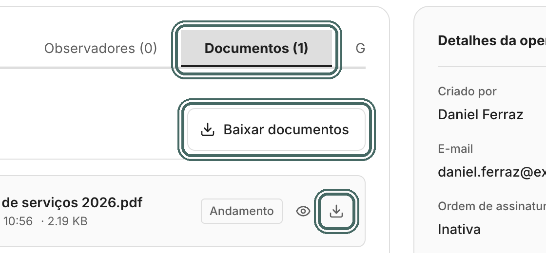 Na aba Documentos você vê e baixa cada documento.