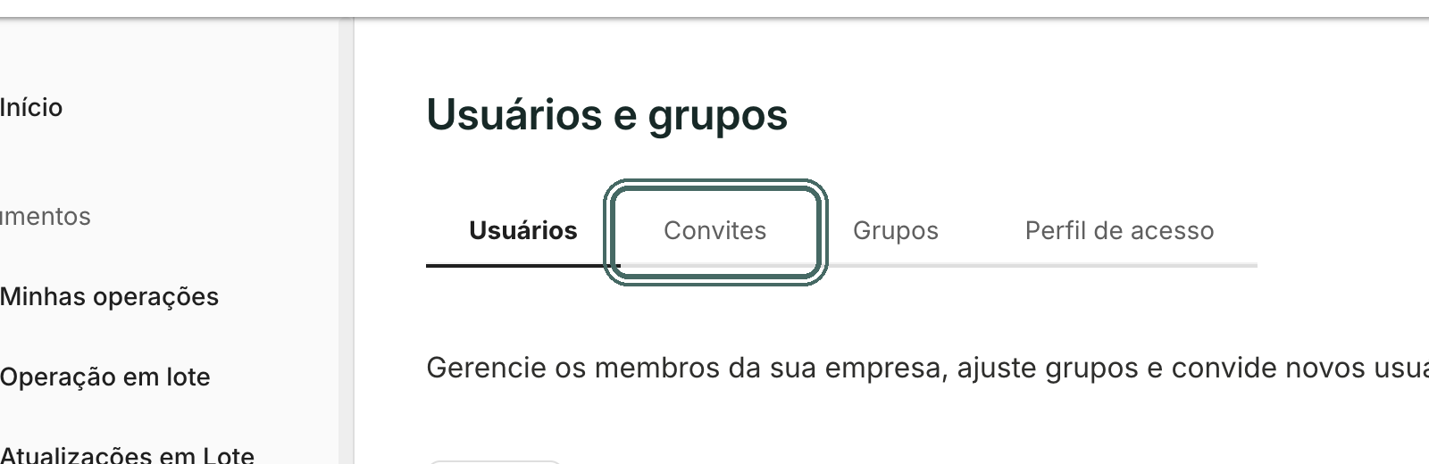 A aba Convites fica ao lado de Usuários.