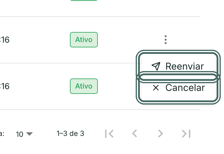 O menu da linha traz Reenviar e Cancelar.