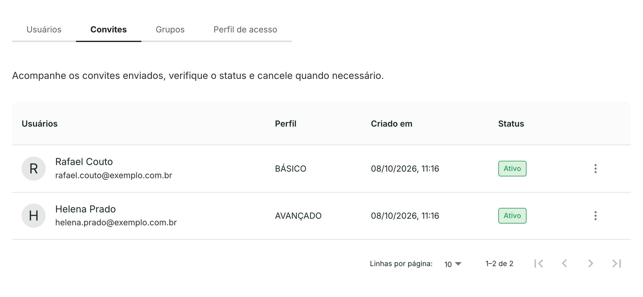 Depois do cancelamento, a lista mostra só os convites que continuam valendo.