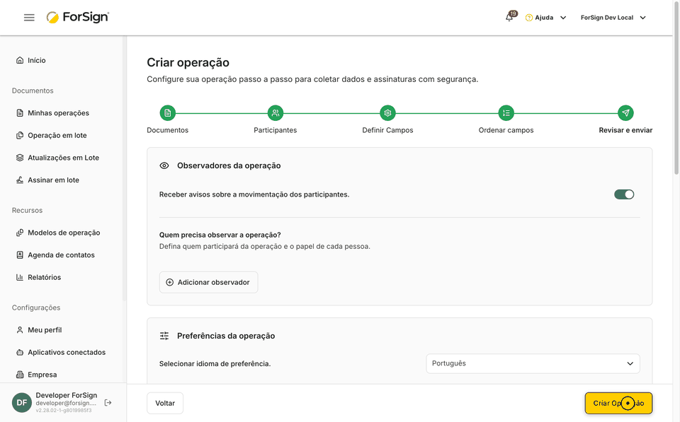 Inclusão de um observador na etapa Revisar e enviar