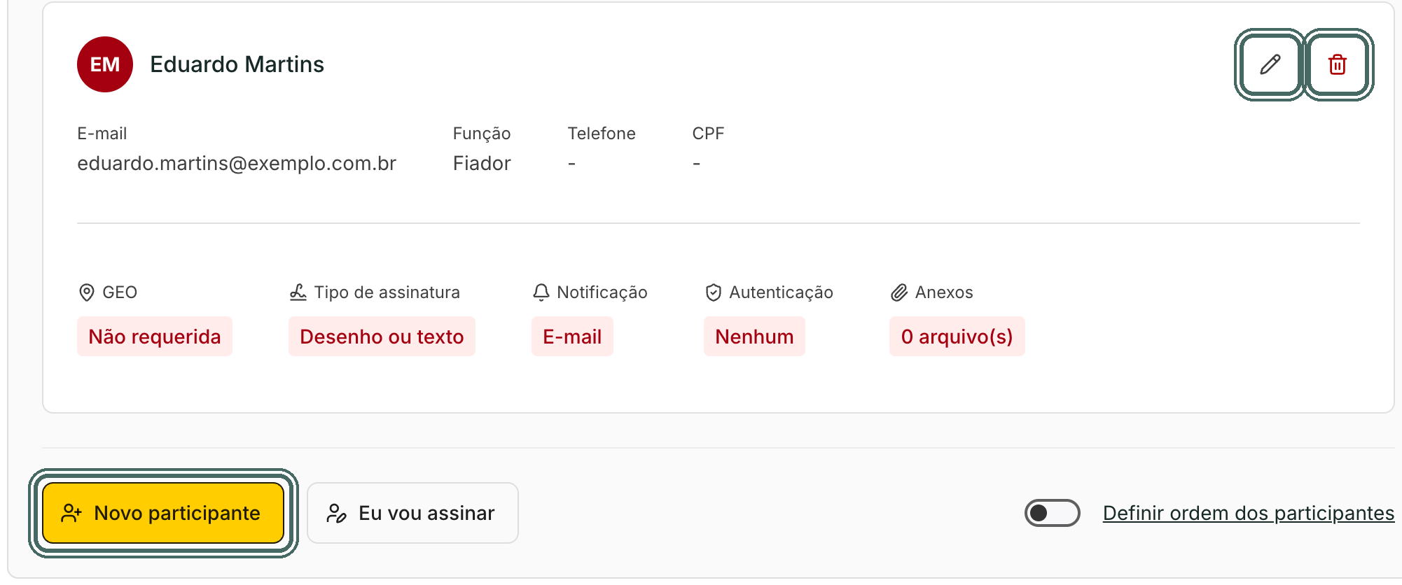 O lápis edita o participante e a lixeira remove. Novo participante adiciona mais uma pessoa.