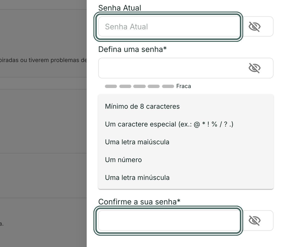 O painel abre pela direita com o campo Senha Atual e a lista de requisitos da nova senha.