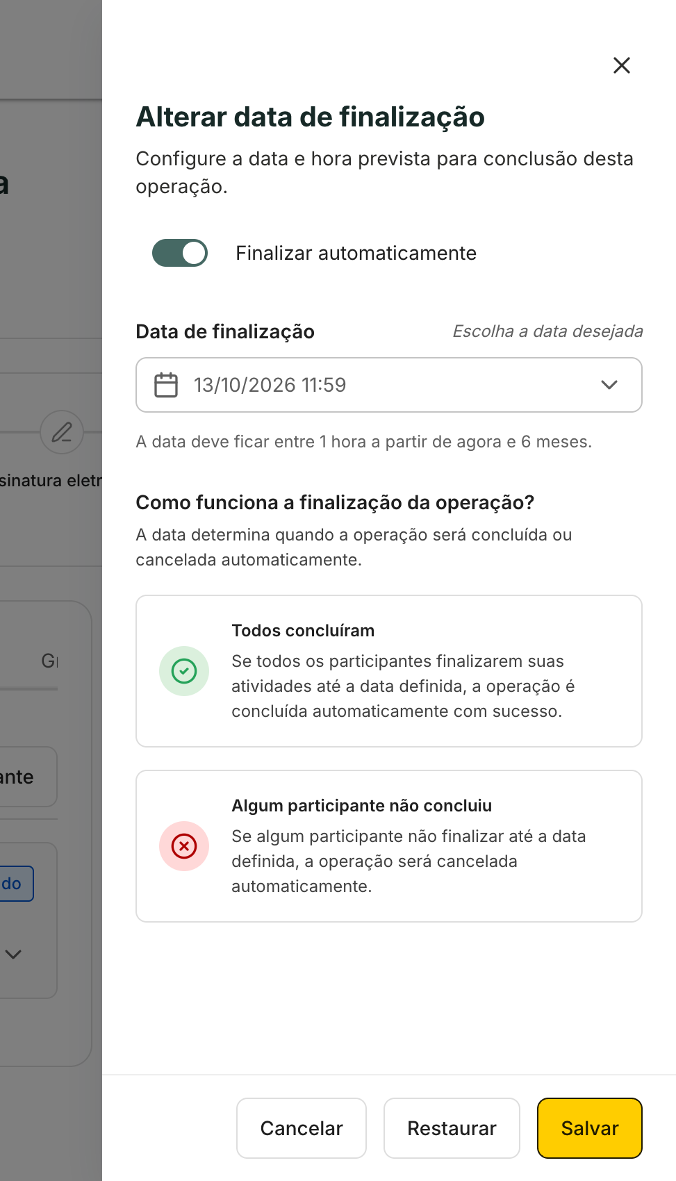O painel Alterar data de finalização explica o que acontece quando a data chega.