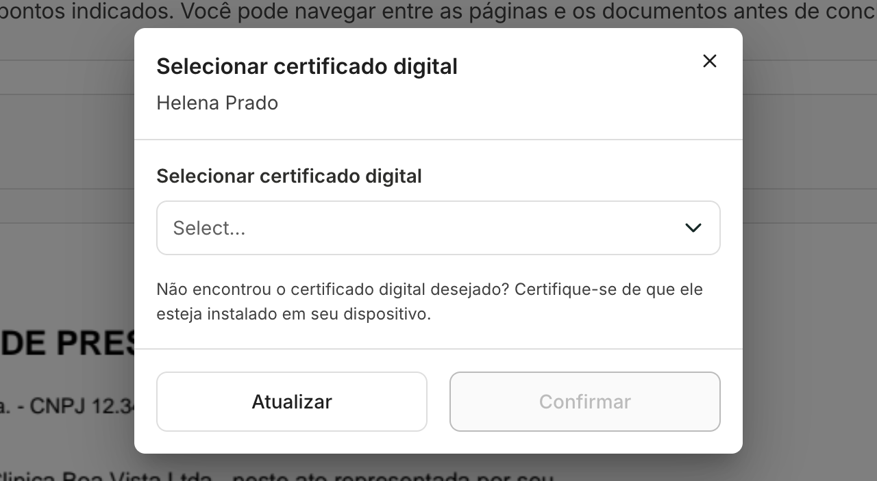 A janela lista os certificados instalados no computador. Atualizar lê a lista de novo.