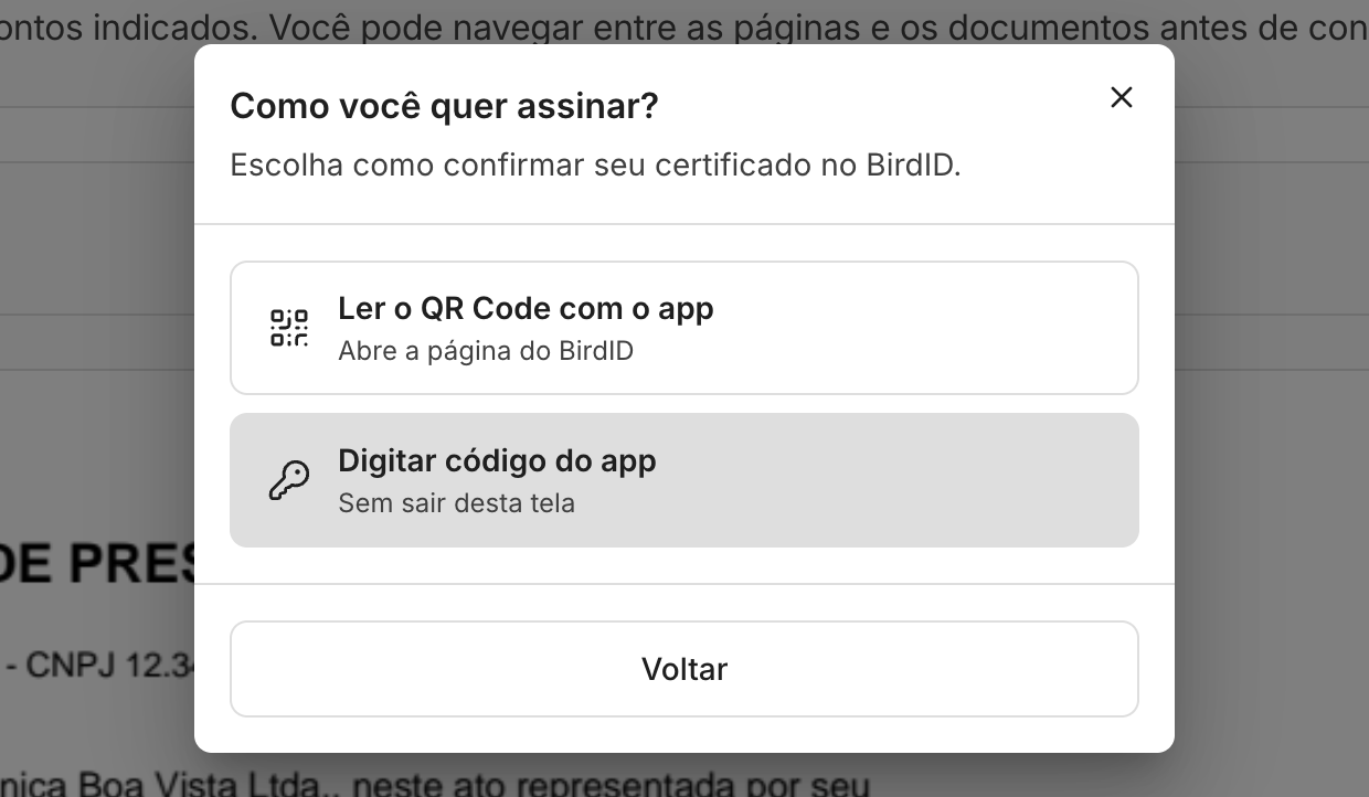 No BirdID há duas formas de confirmar: QR Code ou código do aplicativo.