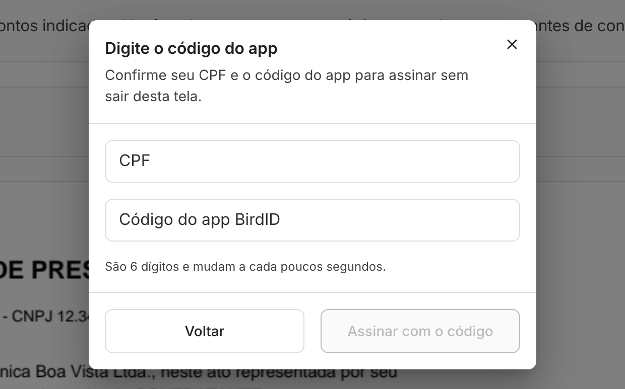 A janela pede o CPF e o código de 6 dígitos do aplicativo.