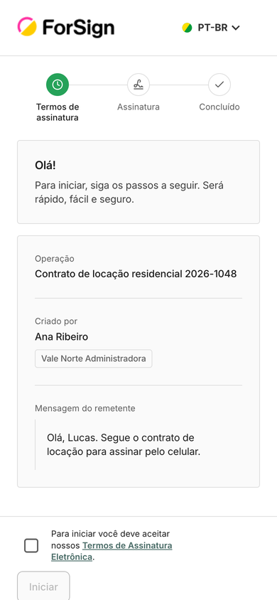No celular, a primeira tela mostra a operação, quem enviou e a mensagem.