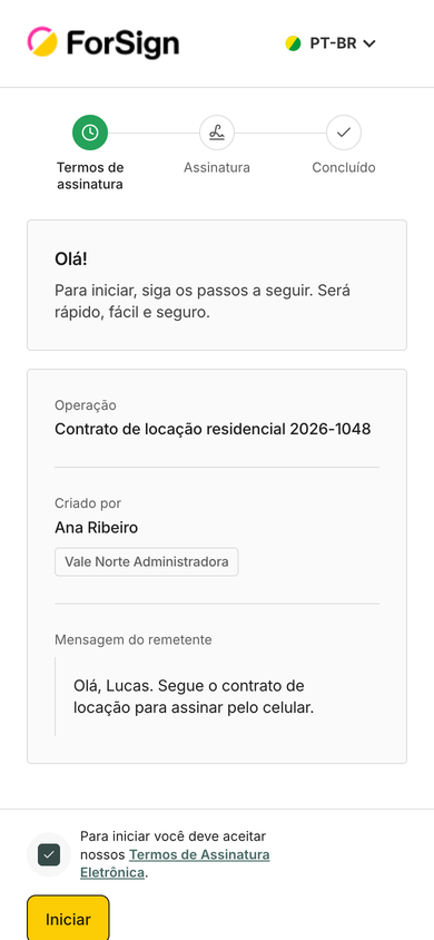 A caixa de aceite e o botão Iniciar ficam fixos no rodapé da tela.