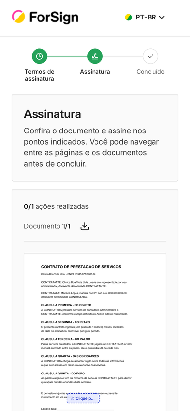 Role o documento com o dedo. O botão Clique para assinar, no rodapé, leva ao ponto de assinatura.