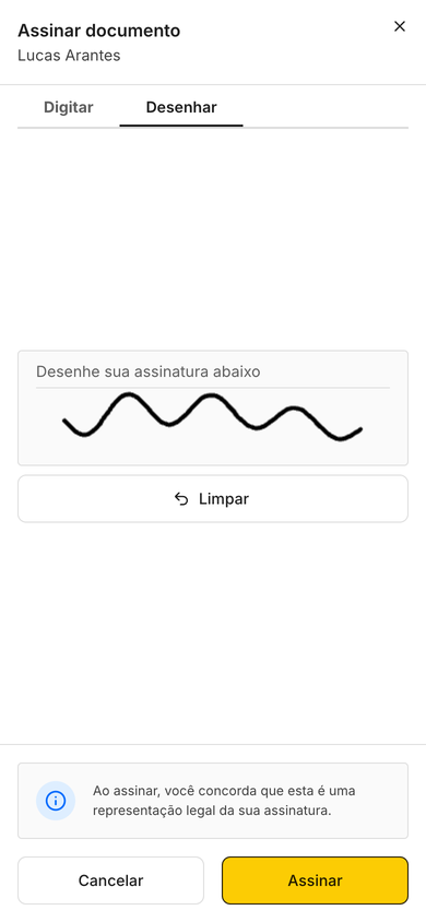Na aba Desenhar, faça a assinatura com o dedo. Limpar apaga e recomeça.