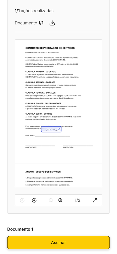 A assinatura aparece no documento e o botão do rodapé muda para Assinar.