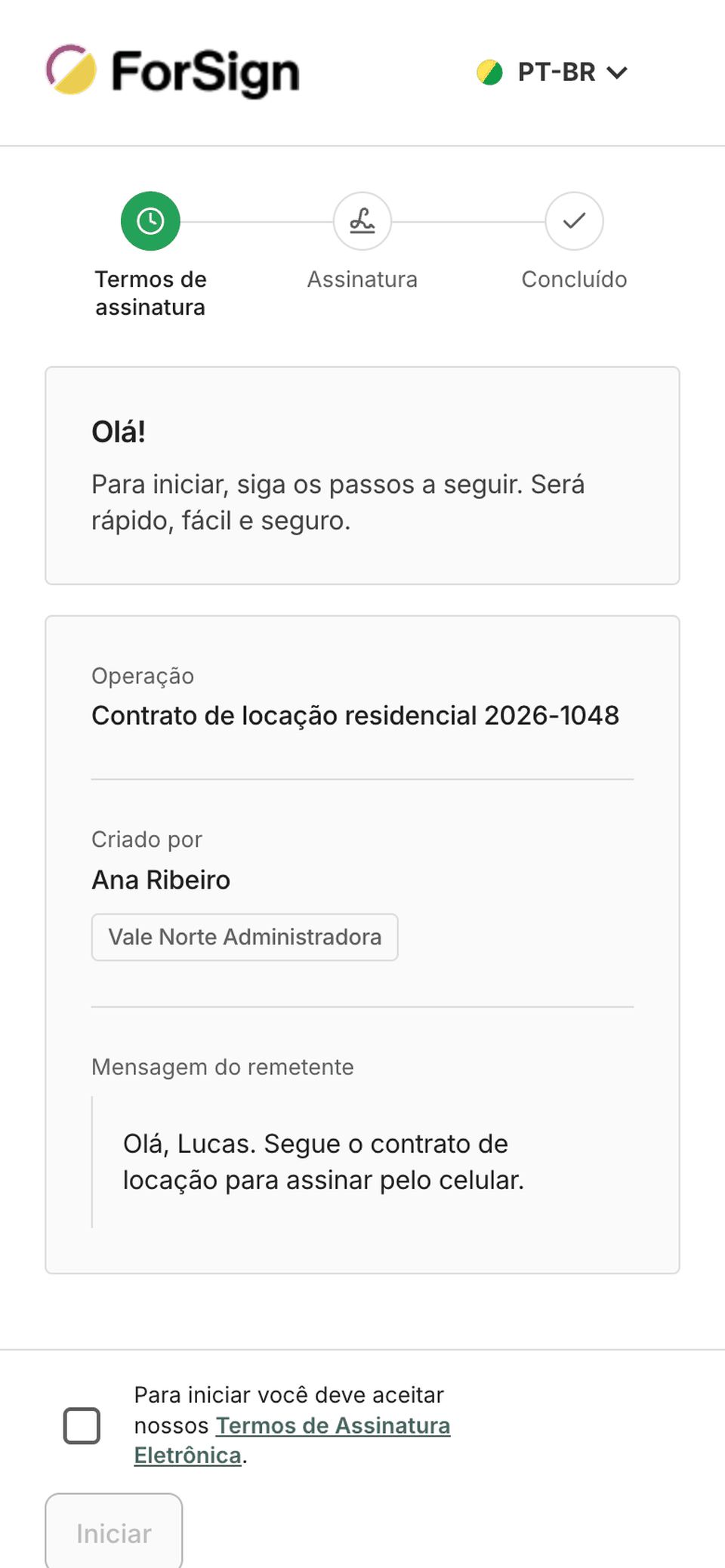 Do aceite dos termos até a conclusão, na tela do celular
