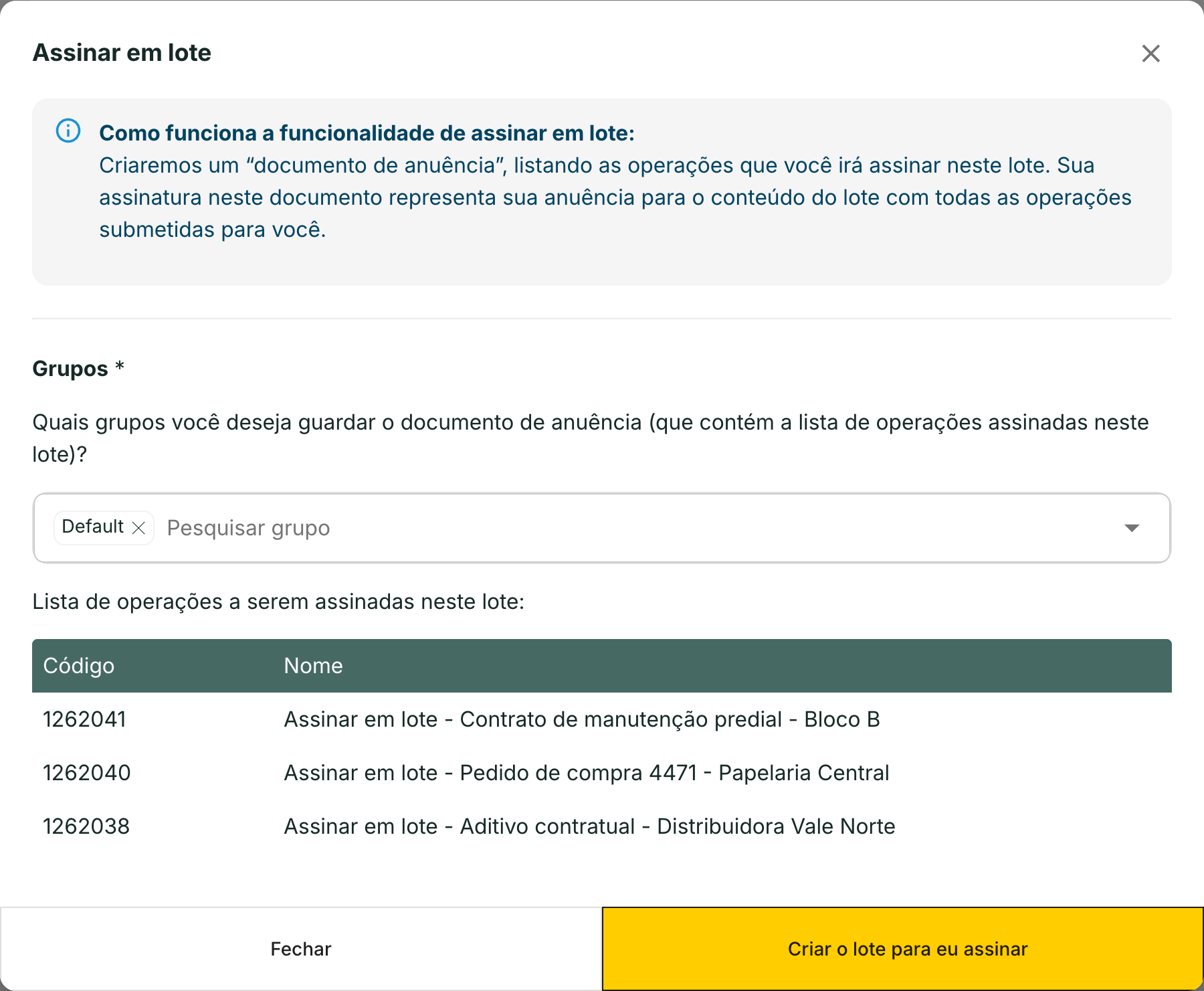 A janela explica o documento de anuência, pede o grupo onde ele fica guardado e lista as operações do lote.