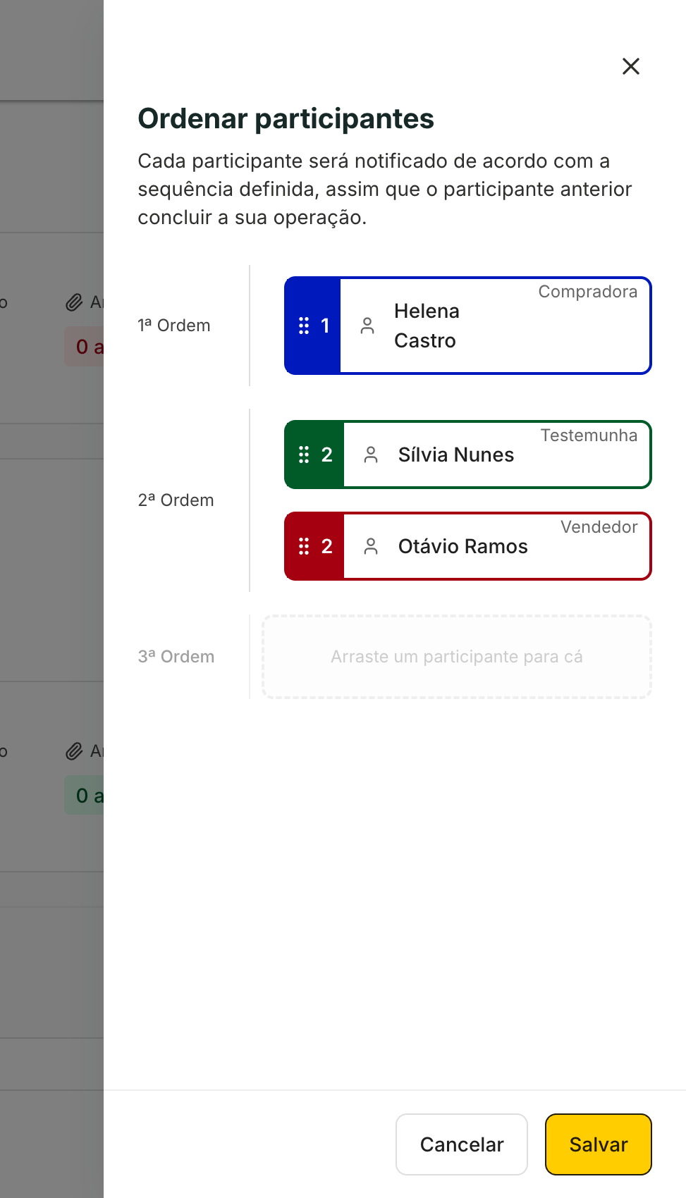 Arraste cada nome para a posição dele. Quem divide a mesma ordem assina ao mesmo tempo.