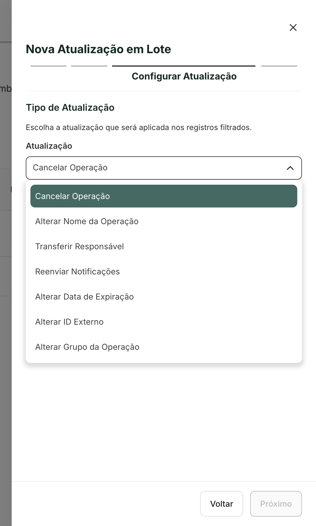 Configurar Atualização: a lista mostra as atualizações disponíveis para o alvo escolhido.