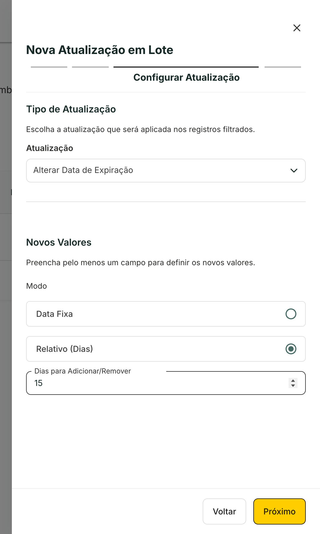 Em Alterar Data de Expiração, o modo Relativo (Dias) soma dias ao vencimento atual.