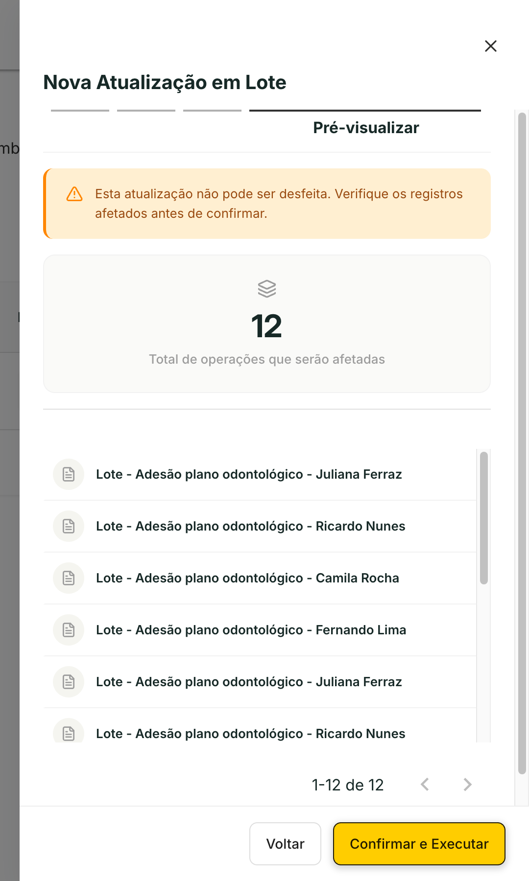Pré-visualizar mostra o total e a lista de operações que serão afetadas.