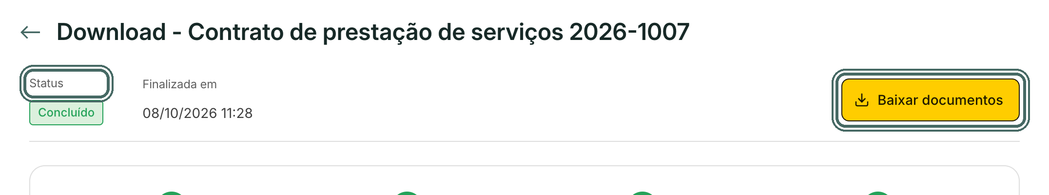 Operação concluída: o botão Baixar documentos fica no cabeçalho.