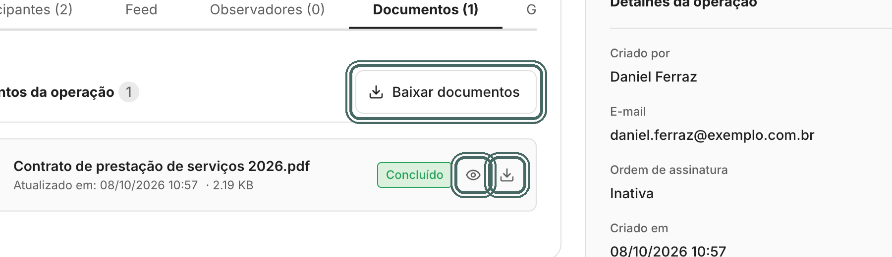 Na aba Documentos, cada documento tem os ícones para ver e baixar.