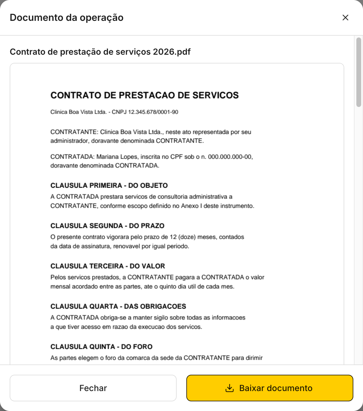 Ver documento abre o PDF assinado na própria tela, com Baixar documento no rodapé.