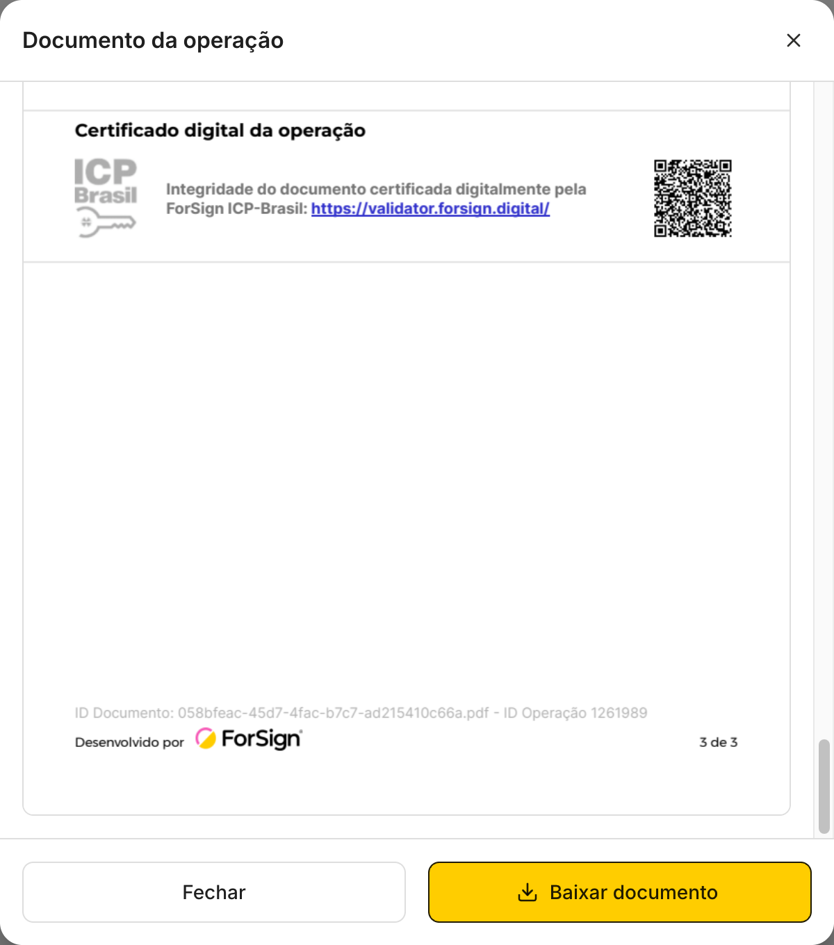 No fim do PDF ficam as páginas do dossiê, com o certificado digital da operação.