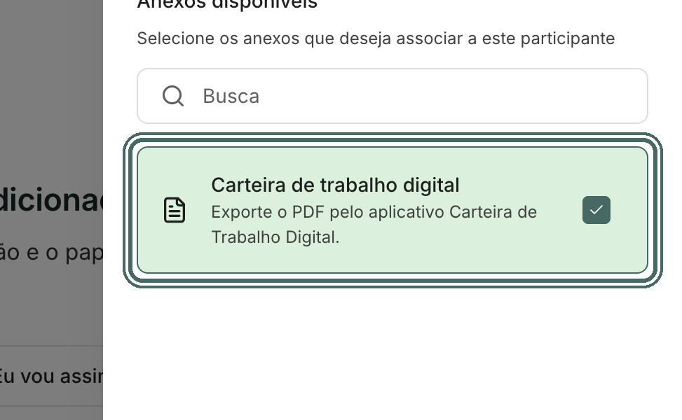 O anexo salvo aparece em Anexos disponíveis. O card marcado fica verde.