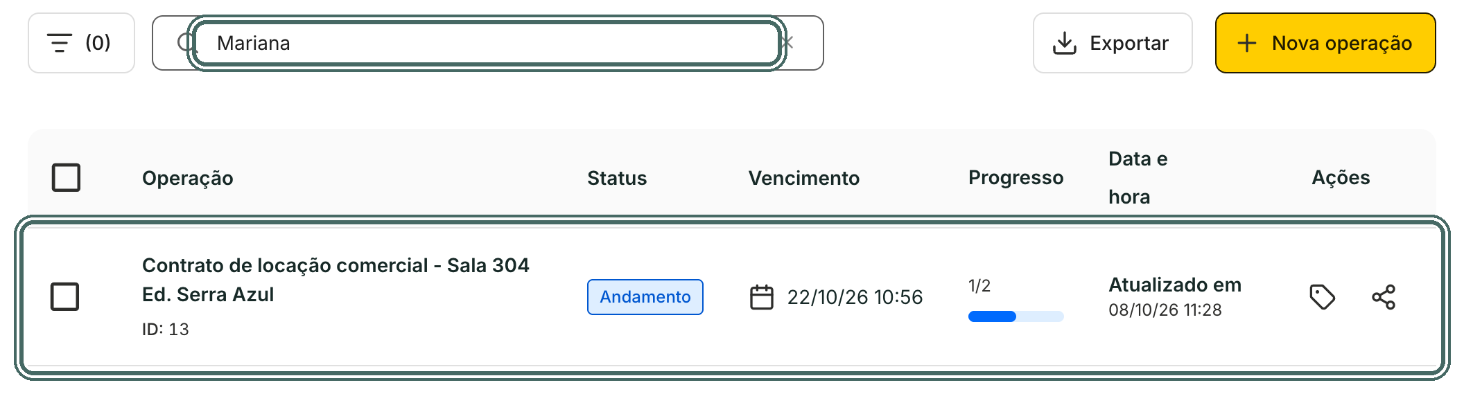 A busca encontra a operação pelo nome de um participante.