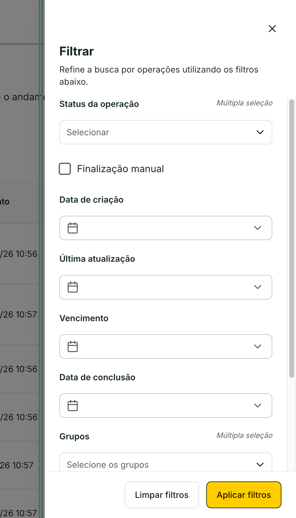 O painel Filtrar reúne status, finalização manual, datas, grupos e etiquetas.