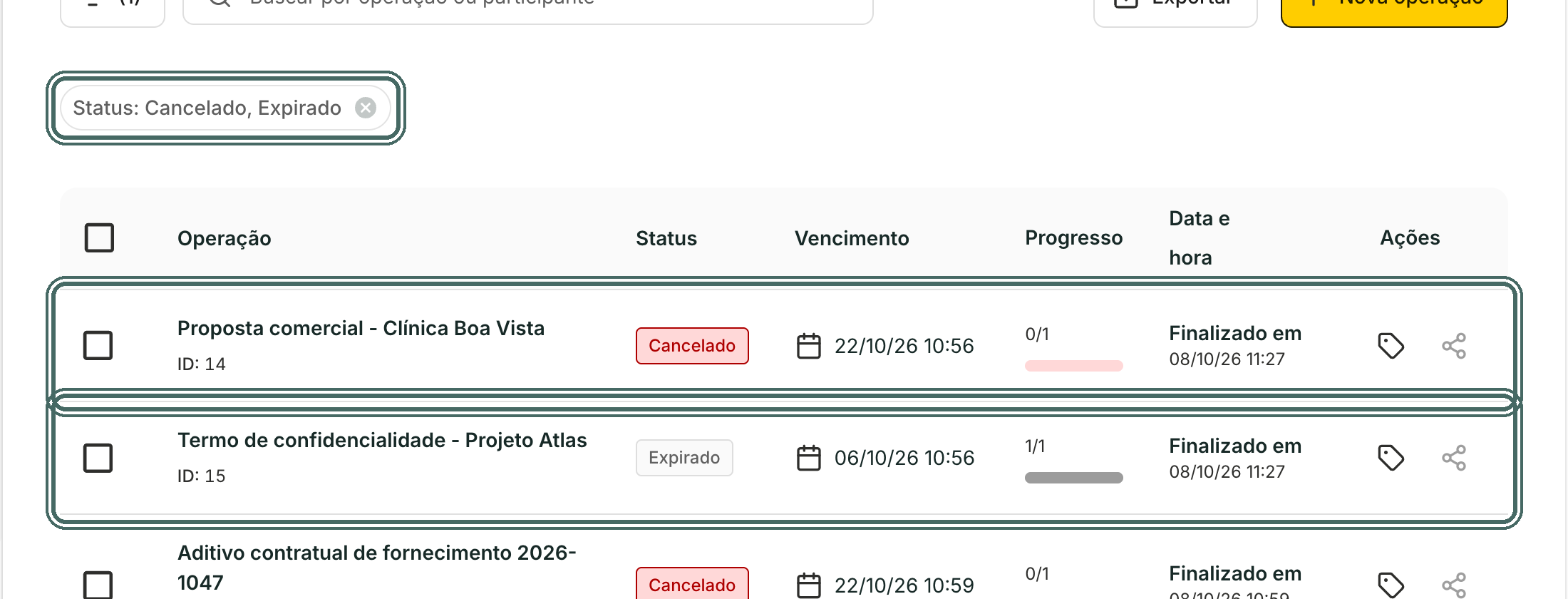 Os filtros aplicados viram chips acima da lista.