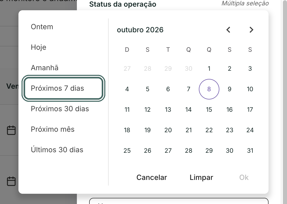 Vencimento tem atalhos como Hoje, Amanhã e Próximos 7 dias.