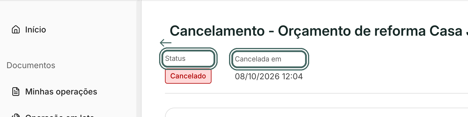 O status passa para Cancelado e as ações de edição somem.