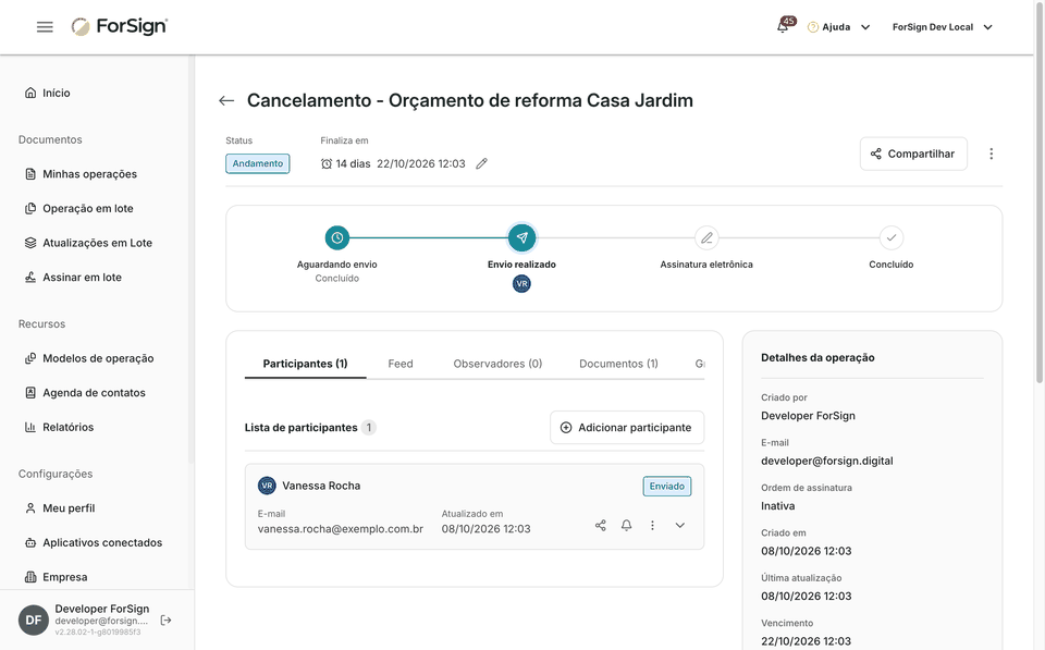 Do menu da operação até o status Cancelado