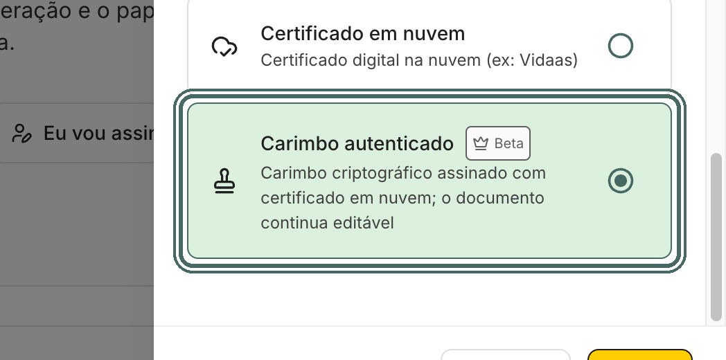 Carimbo autenticado aparece em Tipo de assinatura com o selo Beta.