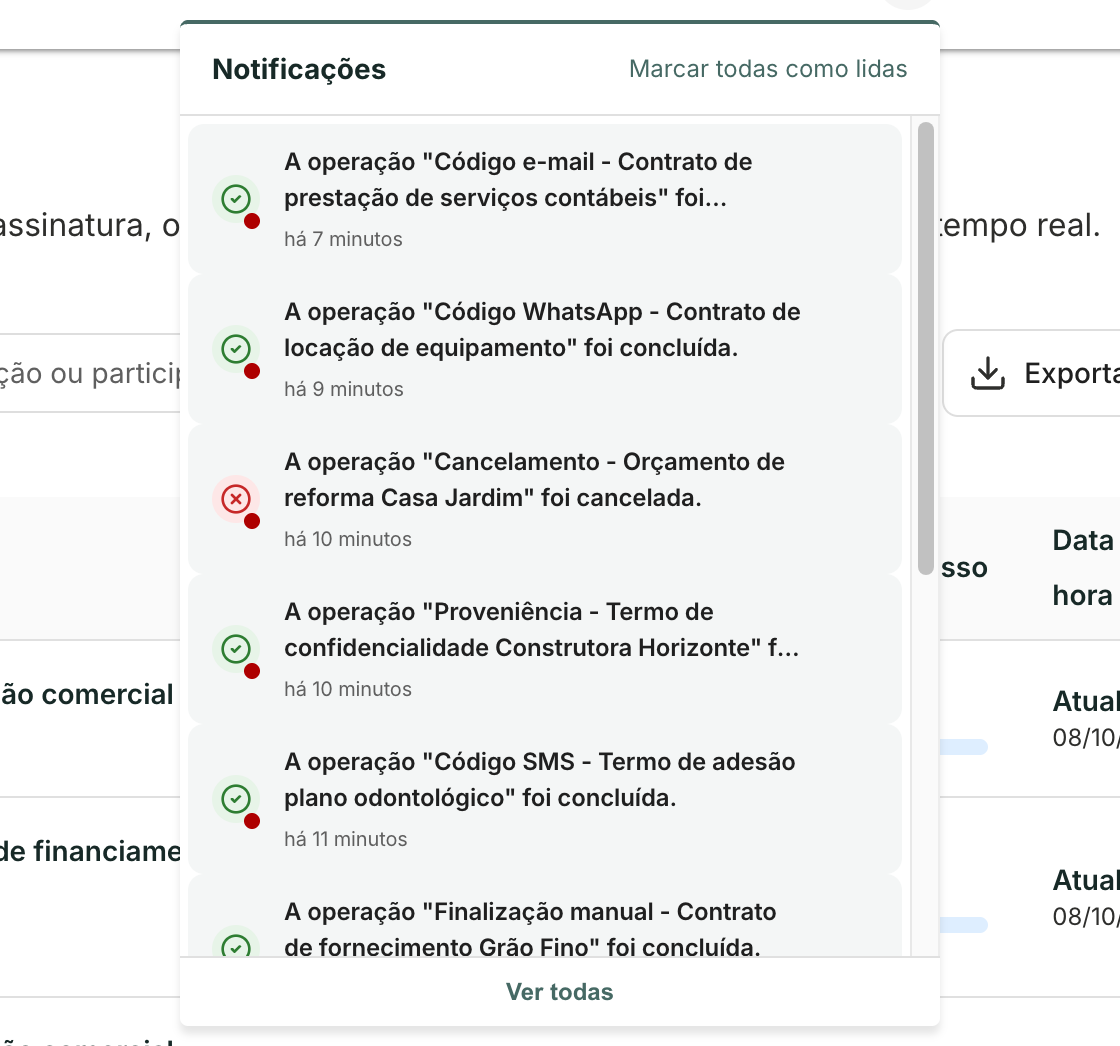 Ao clicar no sino, abre a lista das notificações mais recentes, com Ver todas no fim.