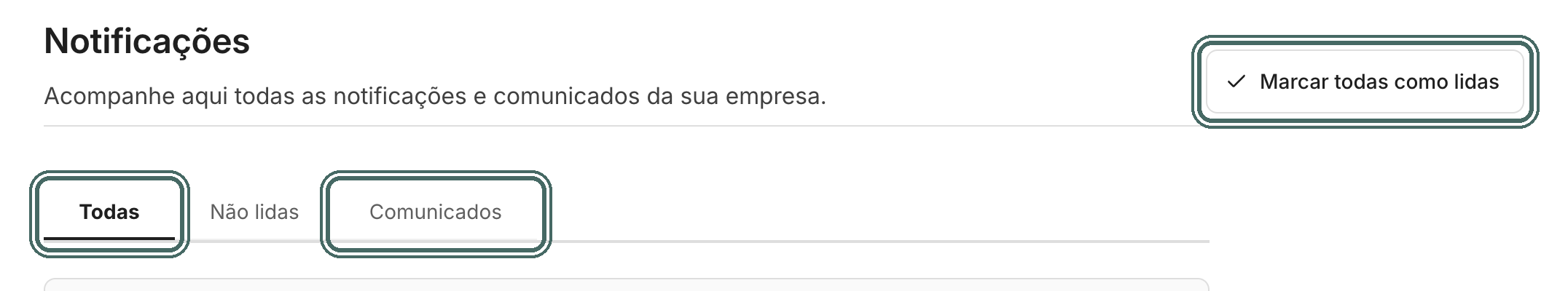 Use Todas, Não lidas e Comunicados para filtrar, e Marcar todas como lidas para zerar o contador.
