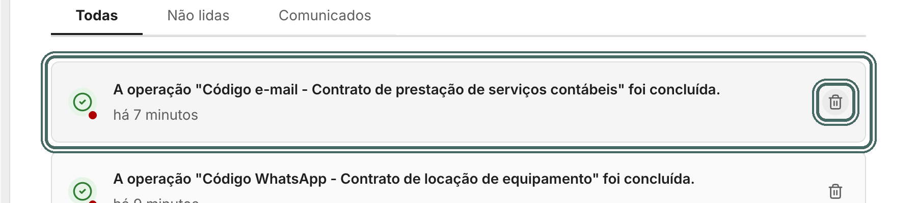 Cada aviso mostra o texto, há quanto tempo chegou e a lixeira para remover.