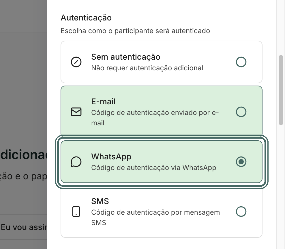 Em Autenticação, marque WhatsApp para este participante.