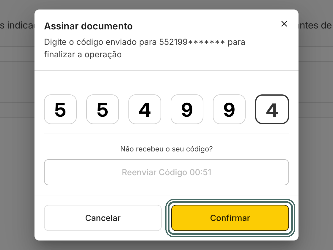 Depois de digitar os seis dígitos, o assinante clica em Confirmar.