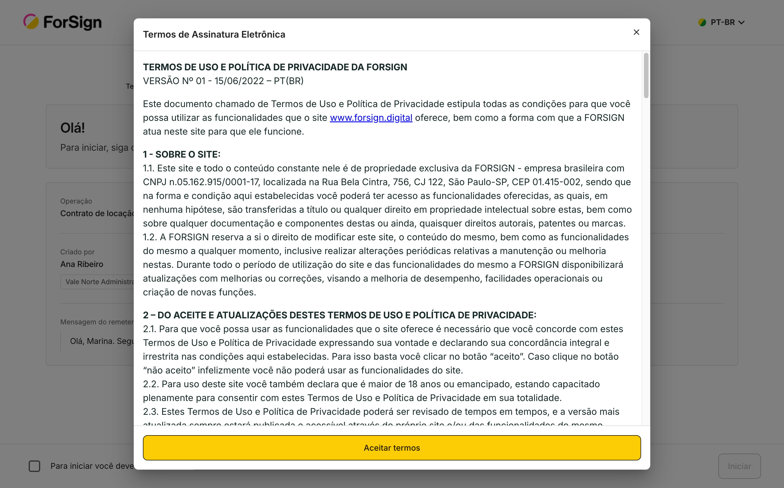 O link Termos de Assinatura Eletrônica abre o texto completo antes do aceite.