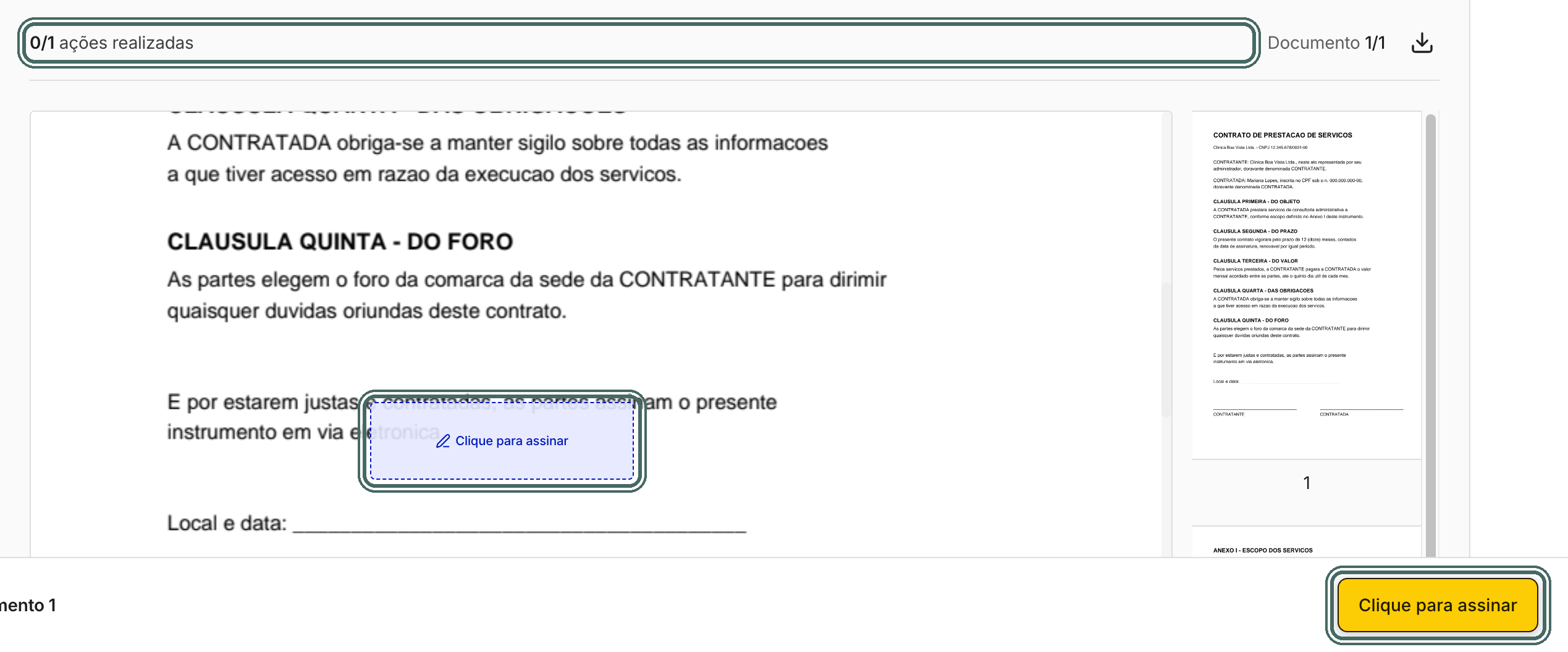 O ponto de assinatura aparece marcado no documento. O contador mostra quantas ações faltam.
