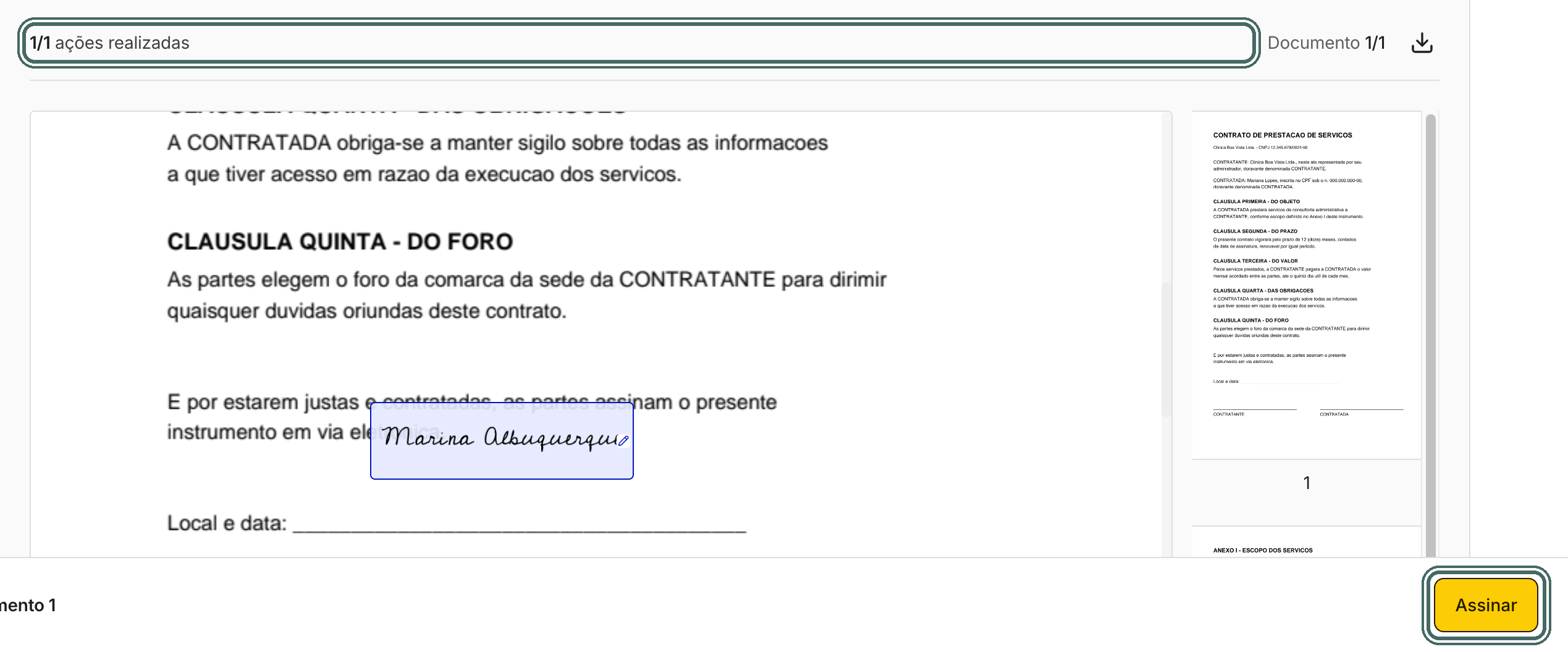 Com todas as ações feitas, o contador mostra 1/1 e o botão Assinar fica ativo.