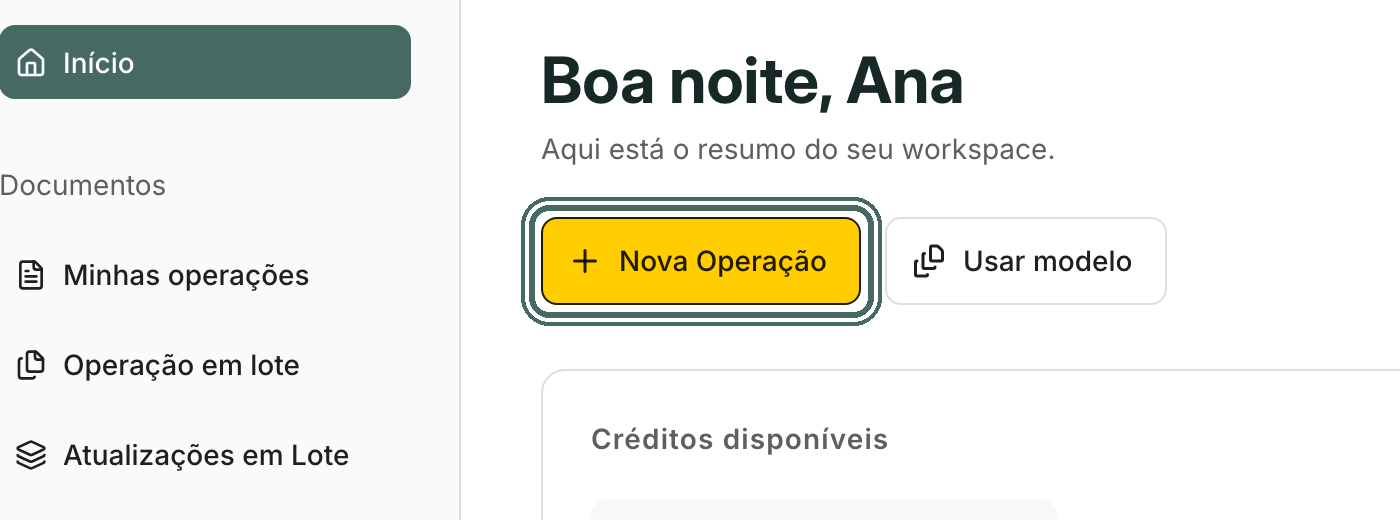 O botão Nova Operação abre o assistente direto da tela inicial.