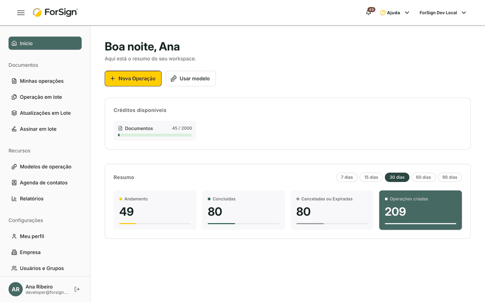 Do botão Nova Operação até a confirmação de envio