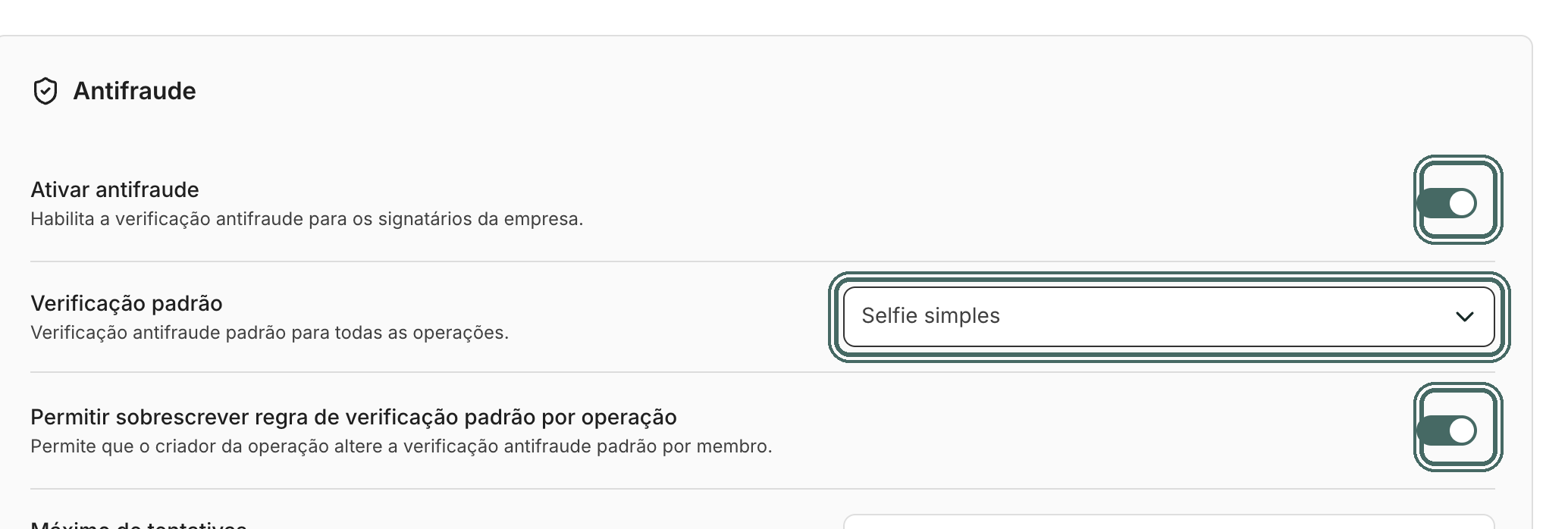 Em Empresa, aba Antifraude, você liga o recurso e define a verificação padrão da empresa.
